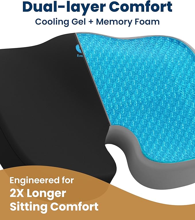 Everlasting Comfort Doctor Recommended Memory Foam Seat Cushion for Office Chairs & Car - Ergonomic Office Desk Accessories - Cushions for Tailbone Pain Relief, Sciatica (Black Cool, Large)