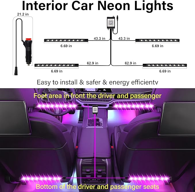 Car Led Lights Interior, Interior Car Lights with with Cigarette Lighter Adapter, 12V LED Strip Light with Smart APP Remote Control, Sync Music, Color Change Cars Light for Inside, Cars Accessories
