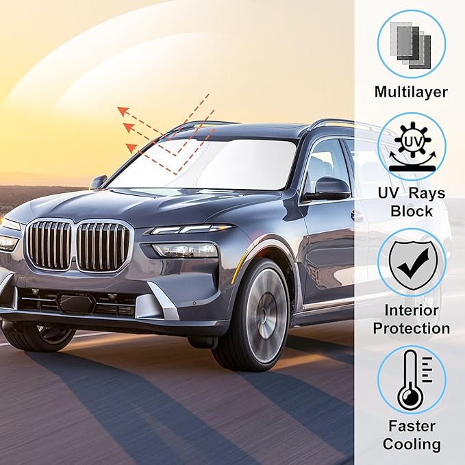 Windshield Sun Shade Custom Fit for 2021 2022 2023 2024 2025 2026 BMW X7 3.0L xDrive40i Accessories Foldable Sunshade Sun Blocker Protect Car from Sun Rays & Heat Damage Keep Car Cooler