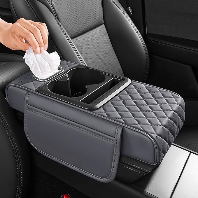 5 in 1 Car Center Console Cover, Armrest Pad with 2 Storage Pockets, Cup Holder, Tissue Box Slot, Phone Holder, Universal Car Interior Organizer (Gray)