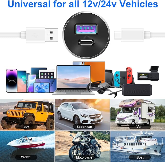 Mini 12V USB Outlet Aluminum Car Charger with PD30W and QC 18W Ports, 22mm Diameter Flush-Mounted Pre-Wired Cigarette Lighter Replacement Charger Socket for Car Boat RV Truck Motorcycle, etc.
