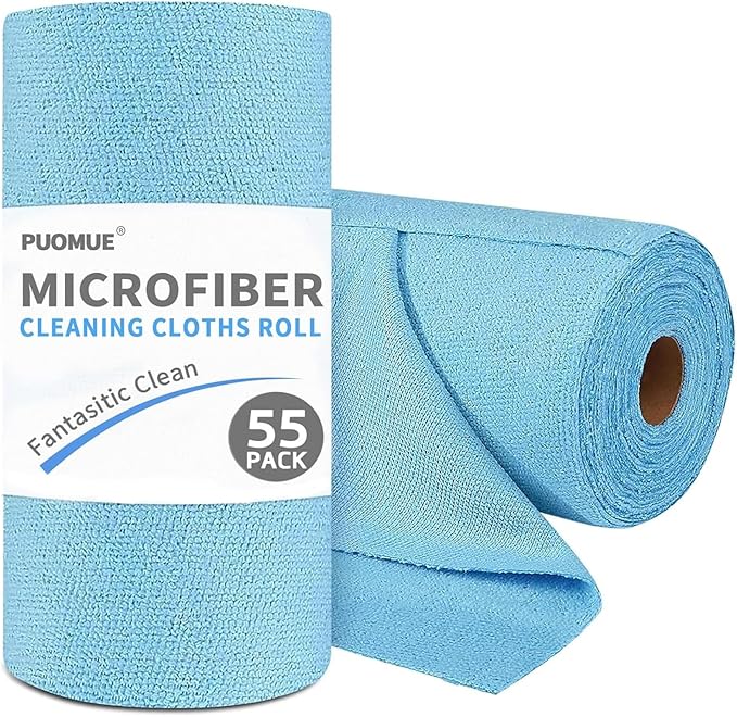 Puomue 55 Pack Microfiber Cleaning Cloth Roll, Tear Away Reusable Towels, 11" X 9", Ultra Absorbent & Lint Free Microfiber Cloth for Cleaning Cars, Kitchen, Window, Home and Shop, Blue