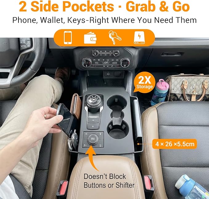 Center Console Side Organizer Tray Compatible with 2021-2025 Ford Bronco Sport Interior Accessories Storage Box Gear Shift Panel Trim Cover Black
