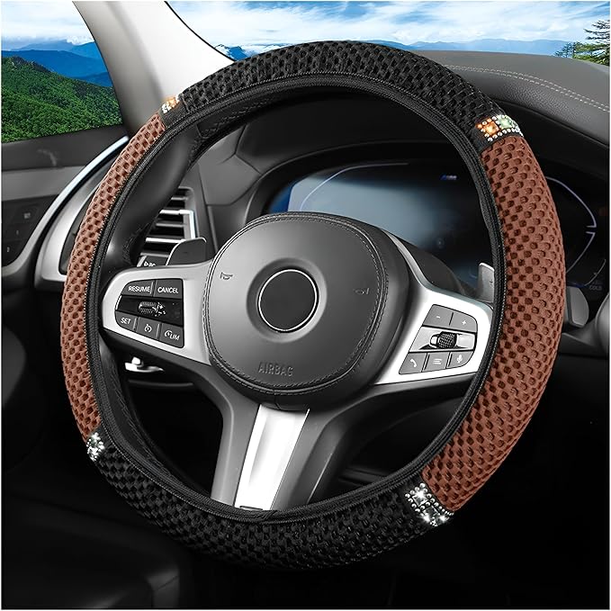 Bling Car Steering Wheel Cover, 15 Inch Crystal Rhinestones Elastic Stretch Breathable Vehicle Steering Wheel Protector for Women Girls, Universal Auto Interior Accessories (Black Coffee)