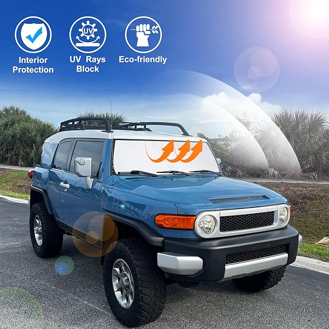 Windshield Sun Shade Custom Fit for 2007-2014 Toyota FJ Cruiser Sport Utility Accessories Foldable Sunshade Sun Blocker Protect Car from Sun Rays & Heat Damage Keep Car Cooler