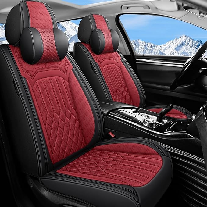 Car Seat Covers for Genesis GV70 2022-2025 2026, Full Set Nappa Leather Waterproof Breathable Anti-Slip Airbag Compatible Car Seats Protector, Car Interior Seats Cover (Black+Red,+Pillow)