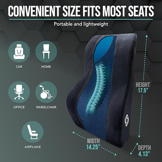 Samsonite Memory Foam Lumbar Support Pillow, Ergonomic Back Cushion for Office Chair, Gaming Chair, Auto Back Support with Cooling Gel, Home Essentials for Sitting Comfort, Posture Relief, Black Mesh