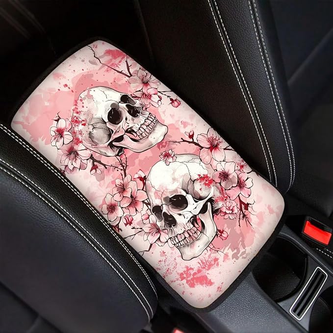 JoyLamoria Pink Floral Skeleton Car Center Console Armrest Cover Non Slip Auto Arm Rest Cushion Pads Womens Armrest Protector Washable