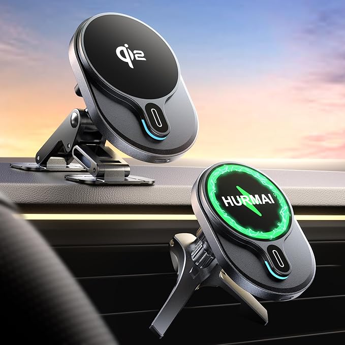 HURMAI for Qi2 15W MagSafe Car Mount Charger,Dash & Vent Wireless Cars Mount Charger Phone Holder Mounts for iPhone Air/17/16/15/14/13/12, Galaxy S25, Fast Charging for Magnetic iPhone Car Accessories