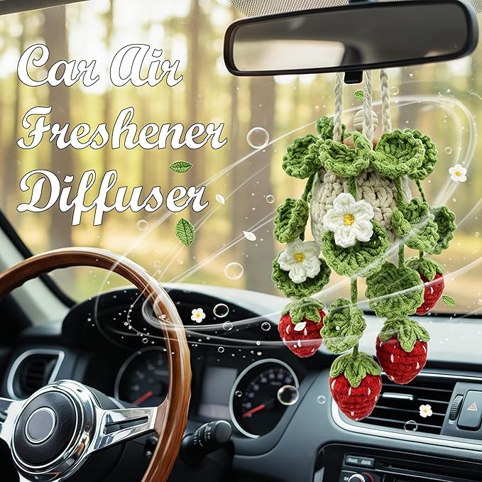 Crochet Car Air Freshener Hanging, Cute Hanging Plant for Cars, Crochet Strawberry Plant with 10ml Empty Refillable Oil Diffuser Bottle, Handmade Boho Car Ornament Charms for Rear View Mirror, Red
