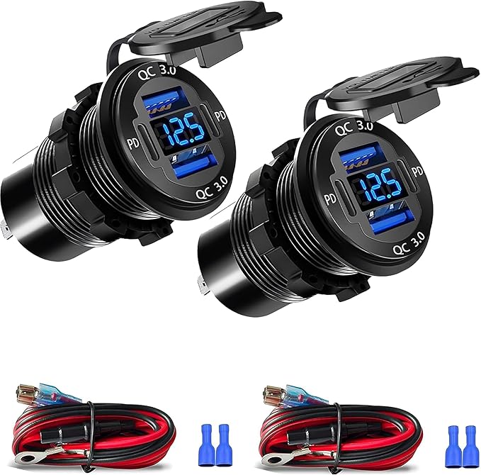 Upgraded 4 Port 12V USB Outlet, 78W Dual PD & QC Aluminum Alloy USB Ports with LED Voltmeter Waterproof for Cars, Cigarette Lighter Replacement 12V Socket for Boats RV Trucks and Motorcycles