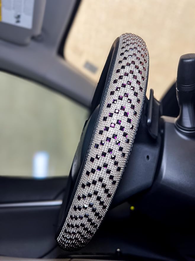 Lord AutoFashion 15 Inch Luxury Universal Steering Wheel Cover Rhinestone Crystals Anti-Slip Microfiber Leather for Women Girls Men Boys Car Accessory Bling Diamonds Purple (JX06)