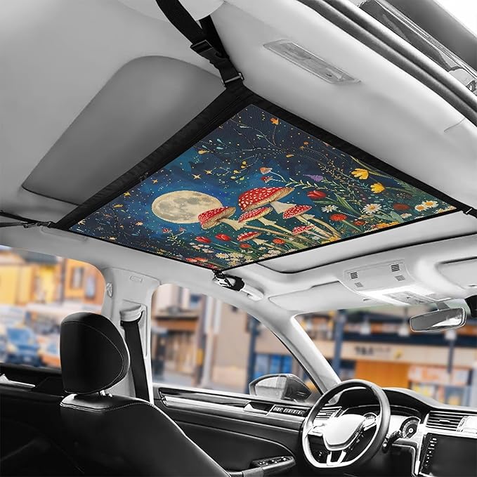 NDISTIN Aesthetic Mushroom Car Ceiling Cargo Net for SUV Adjustable Buckle Roof Net for Inside Car Moon Car Ceiling Storage Net Car Roof Storage Organizer Placing Children's Toys