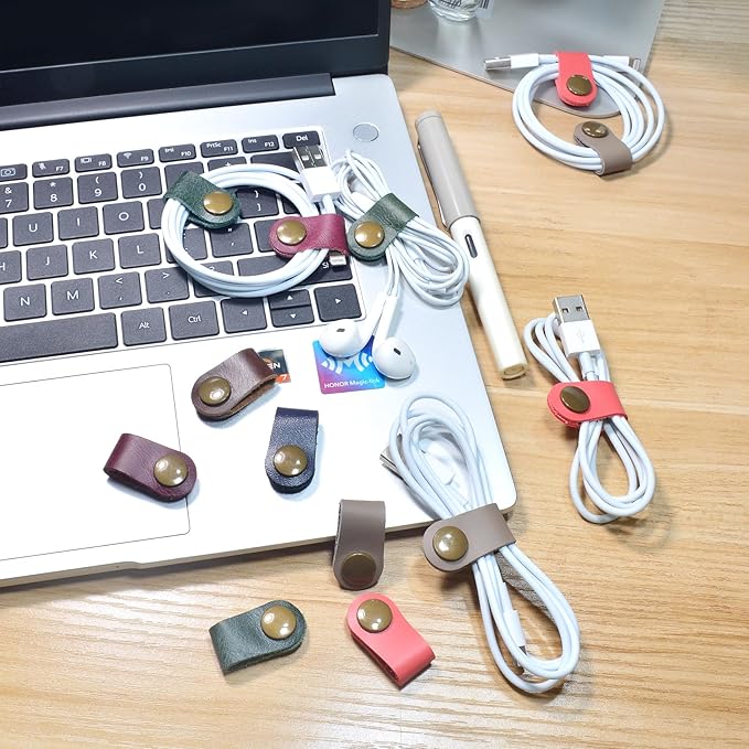 CAILLU Cord Organizer 10 Pack,Cord Holder,Cable Clips Leather,Cable Organizer USB Holder,Cord Keeper,Phone Wire Organizers Ties Mens Stocking Stuffers for men