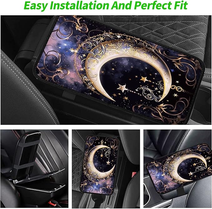 Car Armrest Cover Pads Universal Fashion Cute Auto Center Console Armrest Cover Pad with 2PCS Car Coasters Soft Waterproof Car Armrest Seat Protector for Women Girls, Crescent Stars in Sky