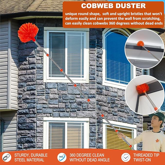 20+ Feet High Reach Dusting Kit, Cobweb Duster & Ceiling Fan Duster with 3-14 ft Extension Pole for Cleaning, Microfiber Feather Duster Cleaner for Cleaning Walls Bookshelves Furniture Door Window