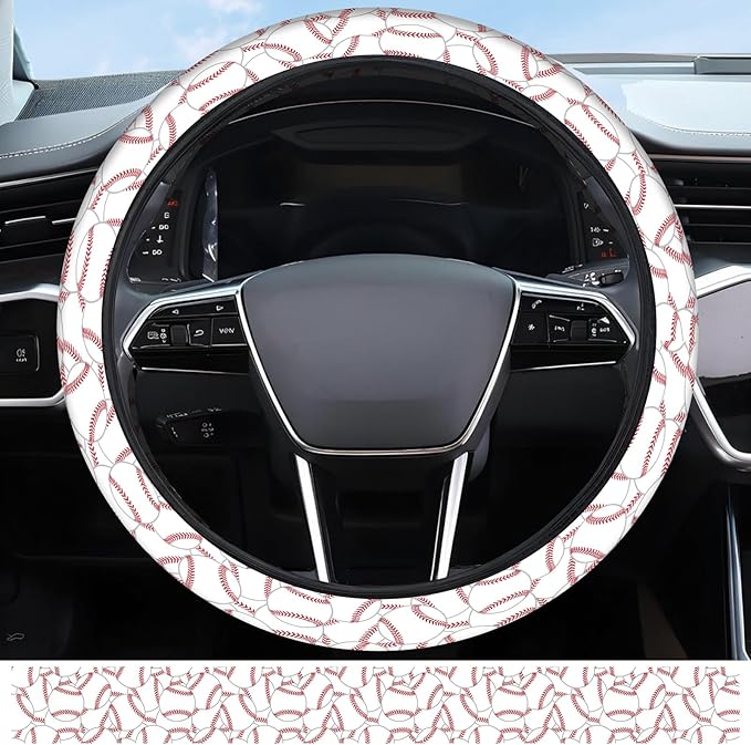 Elastic Car Steering Wheel Cover, Universal 15 inch Non-Slip Breathable Neoprene Steering Wheel Protector, Car Accessories for Women Men Fit Auto, Suvs, Truck Cute Baseball Stitch
