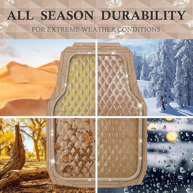 CAR PASS Bling Diamond Rubber Car Mats, Heavy Duty Deep Dish All-Weather Floor Mat Full Set Anti-Slip 3D Rhombus Waterproof Trim Fit Liner Universal Glitter Sparkly Shining Rhinestone, Beige Rubber