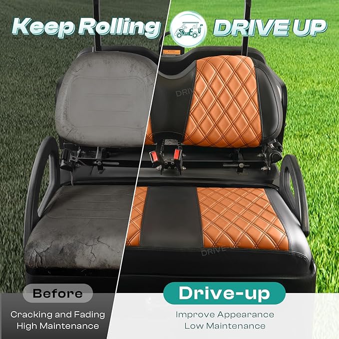 DRIVE UP Club Car Diamond Seat Covers, Brown Diamond Golf Cart Front Seat Covers Fits for Club Car Precedent Golf Carts, Black Stitching Seat and Backrest Leather Covers, Anti-Scratch and Waterproof