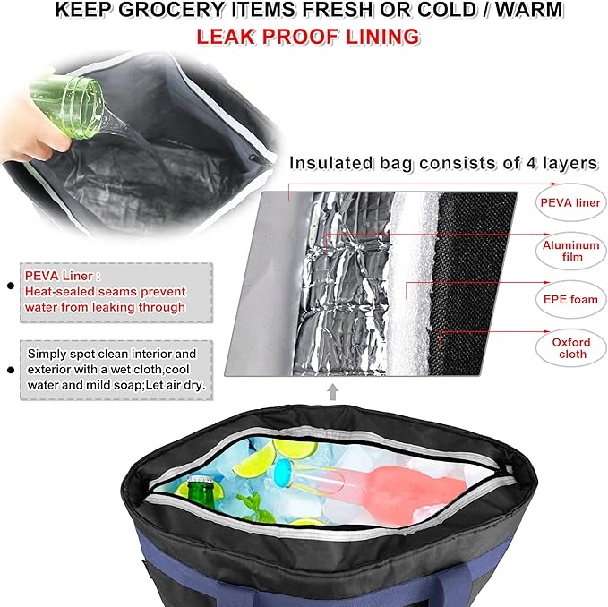 BeeGreen Cooler Bag Soft Insulated Tote for Beach Travel Grocery Shopping Lunch Portable Large Ice Coolers with Handle Hard Freezer Bags with Zippered Top Foldable Leakproof Delivery Totes Black