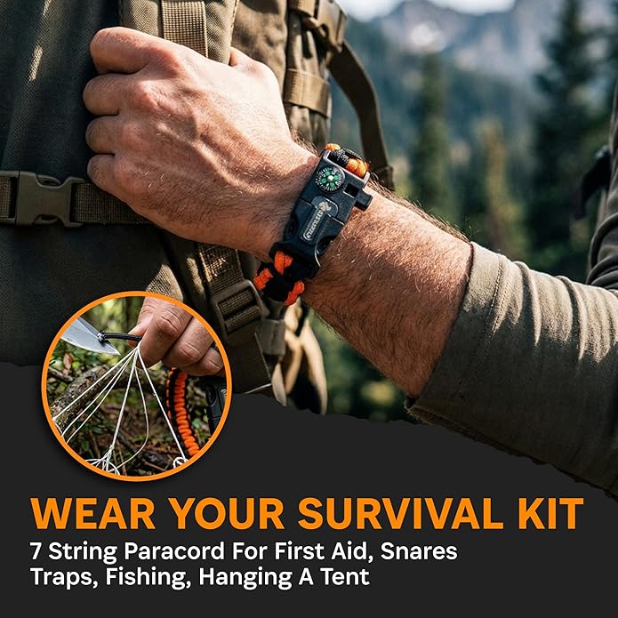 Paracord Bracelet Compass Hiking Survival Kit Emergency Whistle Fire Starter Camping Gear Hiking Essentials Fishing Hunting Accessories EDC Backpacking Gear Tactical Survival Gear Equipment