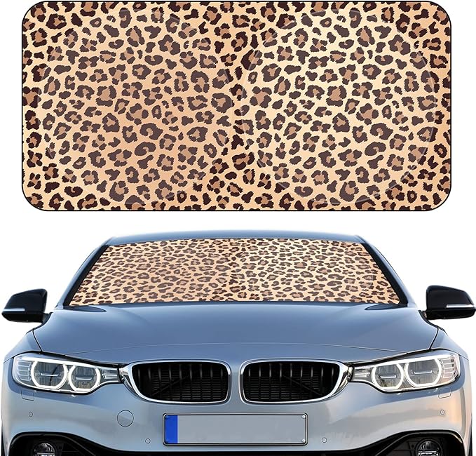 Windshield Sun Shade Foldable Car Front Window Covers for Car Accessories Sun Heat UV Rays Visor Protector Protection for Universal Cars SUV Truck(Nice Leopard)