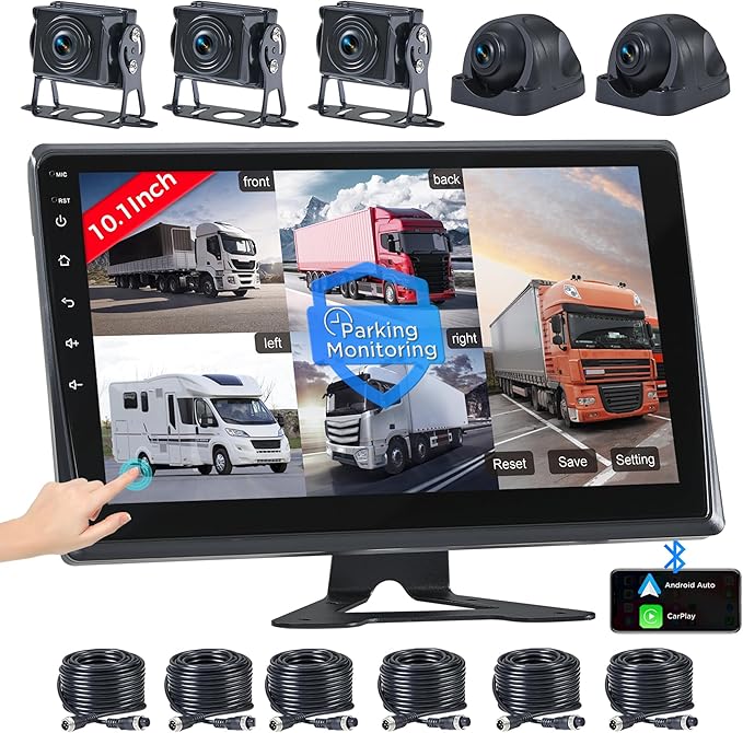 VOONOA RV Camera System with Carplay Android Auto, 5 1080P Wired Backup Camera & 10.1" HD Android 13 Touch Screen Parking Monitoring Navigation DVR BT for Semi Truck Trailer Camper Motorhome