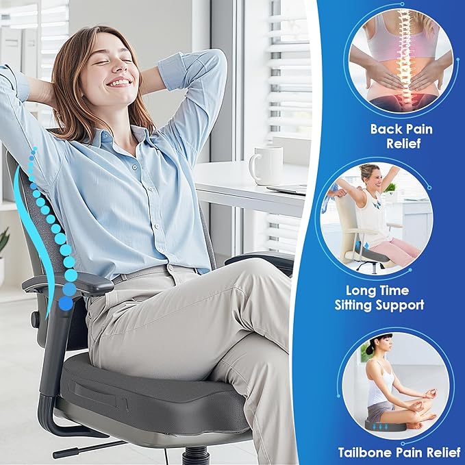 TushGuard Seat Cushion for Office Chair Memory Foam Non-Slip Cushion Back, Coccyx, Sciatica, Tailbone Pain Relief Butt Pillow for Office Chair, Car, Wheelchair, Grey, X-Large