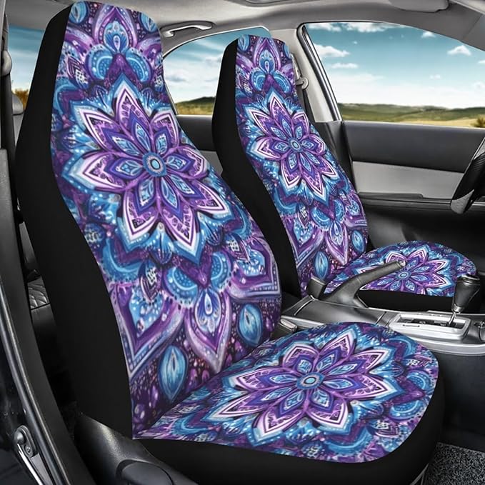 BIGCARJOB Purple Lotus Car Seat Covers Set for Women Auto Interior Seat Protector Boho Lotus Car Accessories Set 2 Pcs Auto Front Seat Covers Saddle Blanket,Universal Fit