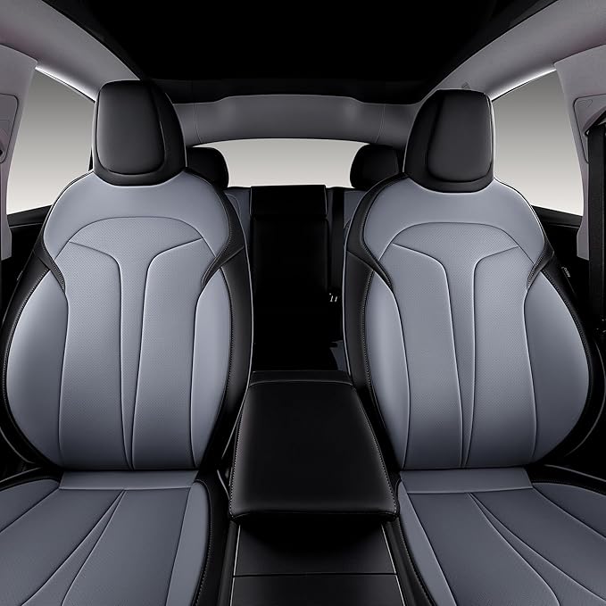 Custom Fit Seat Covers for 2025 2026 Tesla Model Y Juniper (5-Seater), Waterproof Breathable Nappa Leather, OEM Factory Style Full Set Car Seat Protectors Airbag Compatible - Black+Grey