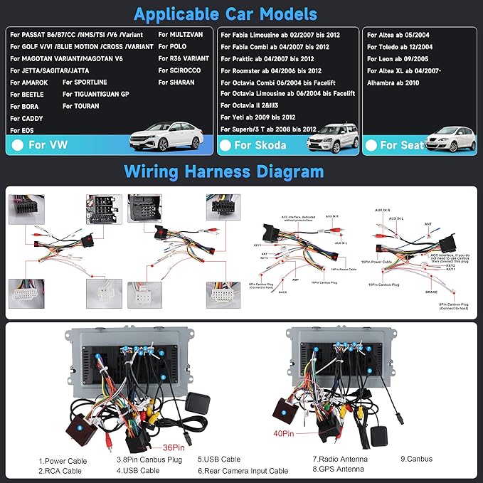 4G 64G Android Car Stereo for VW Passat Jetta Tiguan Golf MK5 MK6 T5 EOS Polo Touran Seat Sharan Carplay Android Auto Radio, 9'' Touchscreen Bluetooth Mirror Link WiFi GPS FM/RDS DSP Backup Camera