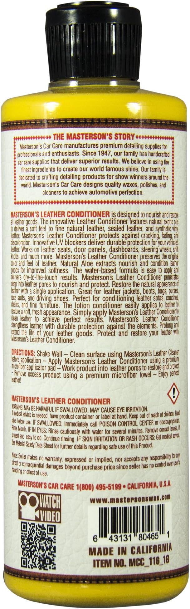MASTERSON'S CAR CARE MCC_116_16 Leather Conditioner Dry-to-The-Touch - Restores Leather Interiors, Seats, Boots, Bags, Apparel - Protects Against Cracking and Fading (16 oz)