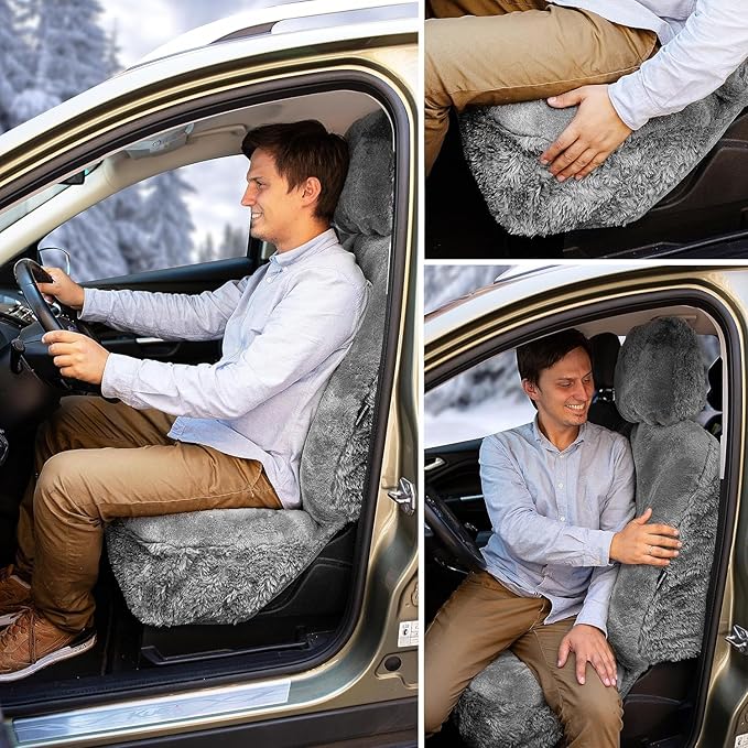 ZONETECH Sheepskin Seat Covers Fuzzy Car Seat Covers Grey Australian Merino Wool Fluffy Fur Auto Accessories All Season Protection for Your Seats Universal Fits Most Car SUV Airbag Compatible 4-Pack