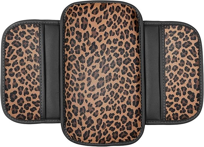Dotesy Brown Cheetah Print Car Center Console Cover,Microfiber Leather Car Armrest Pad Cushion with 2 Storage Bags,Universal Car Armrest Storage Box Car Interior Accessories for Most Vehicles