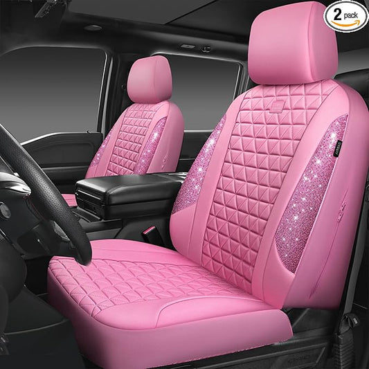 CAR PASS Bling Diamond Pink Leather Car Seat Covers for 2 Front Seats Protector, Waterproof Shining Glitter Sparkly Crystal Universal Armrest Fit Automotive Truck SUV Cute Women Girl, Pink Rhinestone