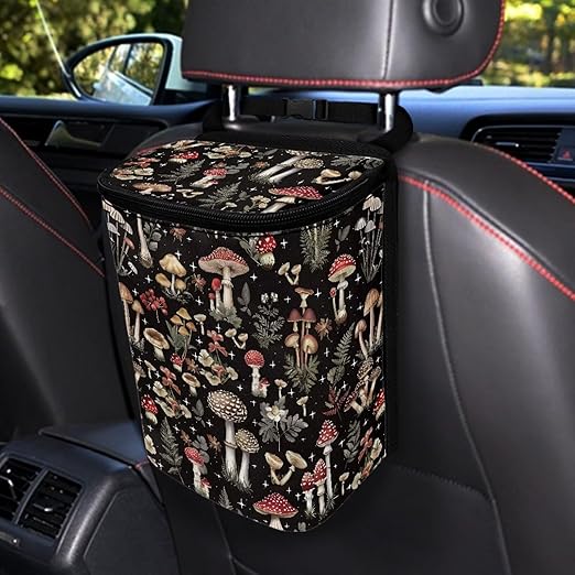 Forest Mushroom Car Trash Can with Lid, Cute Leakproof Car Trash Garbage Bag Hanging Vehicle Trash Bin Small Portable Automotive Garbage Cans Organizer for Back/Front Seat/Console