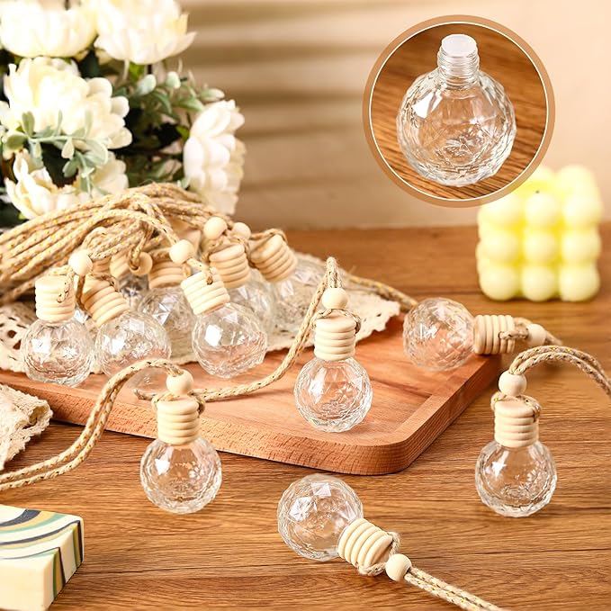 BBTO 100 Pcs Car Air Fresheners Diffuser with Wooden Cap Empty Aromatherapy Diffuser Clear Car Fragrance Holder Pendant Hanging Perfume Fresheners Bottles for Decor(Round Diamond,Clear)