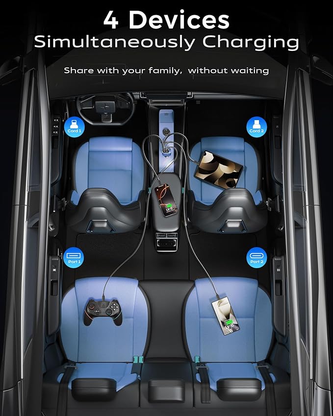Car Charger, iPhone Fast USB C Phone Car Charger, Cigarette Lighter Adapter with 2 Cables 25 Inch and 2 USB Ports, Retractable 4 in 1Multi Port USB Car Charging for iPhone 17/16/15/14/13/Pro Max-Blue