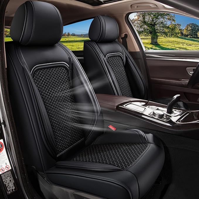 Seat Covers Fit for Nissan Pathfinder 2011-2024 2025 2026 - Cooling Ice Silk Leather Seat Cover - Ventilated 5 Seats Vehicle Seat Cushion Protector Automotive Accessories (Black)