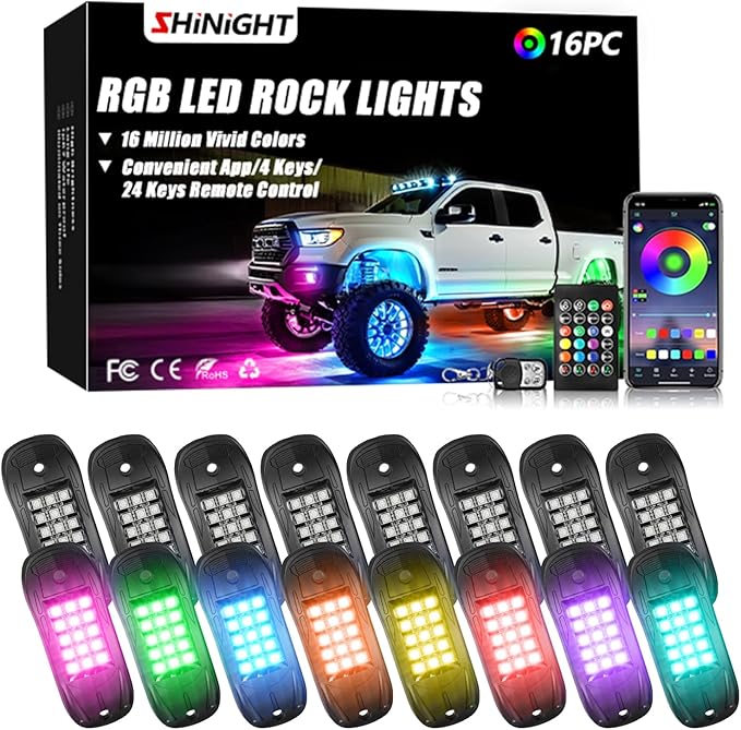 SHINIGHT Led Rock Lights for Trucks,16 Pods Lights for Jeep Brightness Truck underglow kit Exterior with App Control Flashing Music Mode RGB Lighting for UTV SUV ATV RZR Truck Accessories