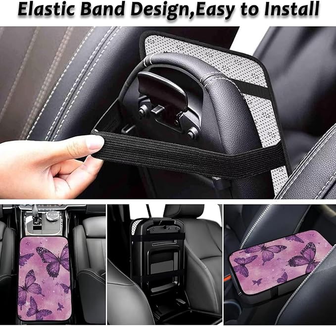 Purple Butterfly Auto Armrest Cover Flannel Anti-Slip Armrest Cover Car Soft Comfortable Cover Center Console Lid Protector Universal Fit Sedans,Cars,Vans,SUV,Truck