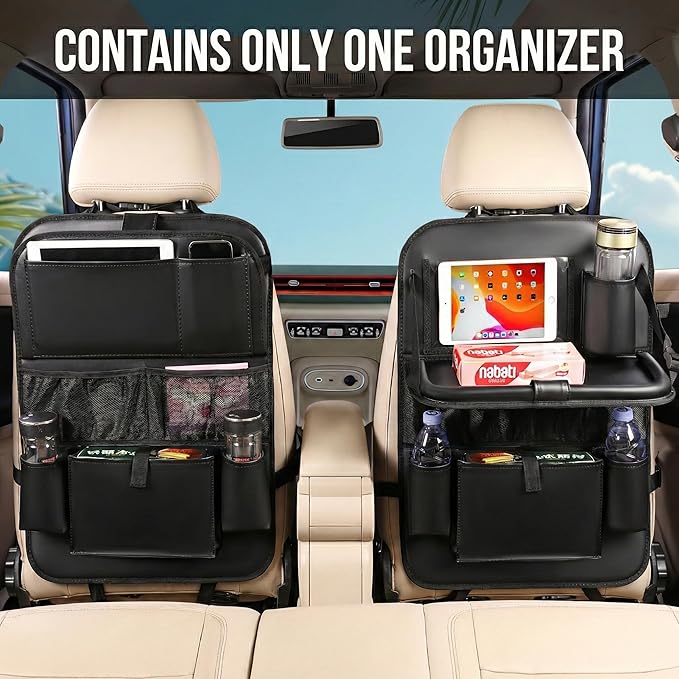 Leather Car Backseat Organizer with Tablet Holder - 9 Large Storage Pockets, Foldable Food Tray & Anti-Scratch Kick Mats - Universal Car Seat Protector for Kids, Pets & Travel Accessories 1 Pack