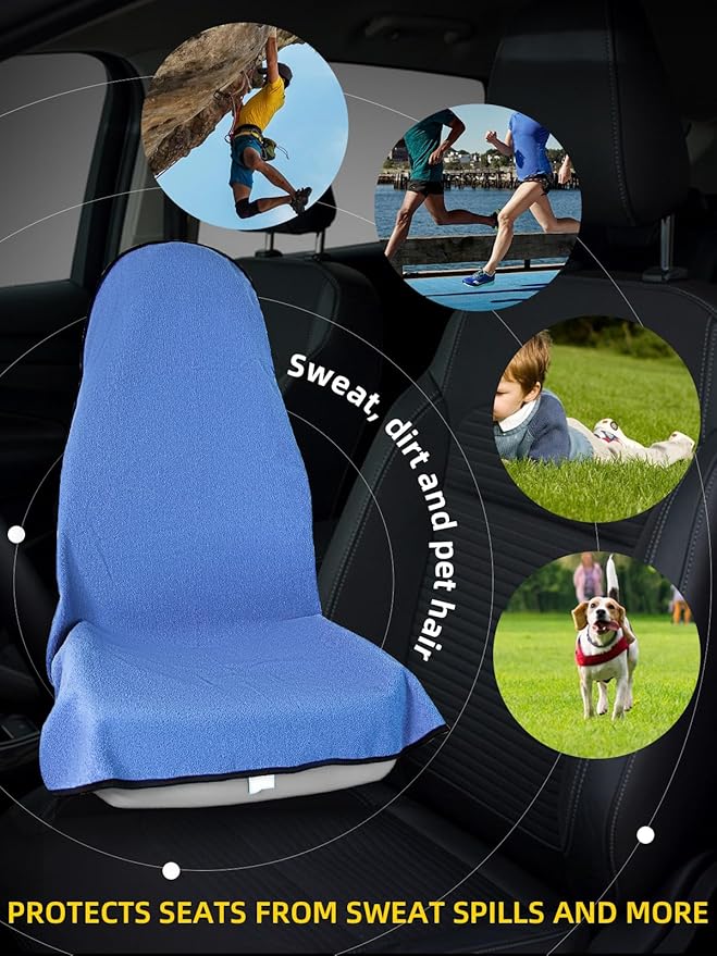 ZIMABLUE 1PC Waterproof Towel Car Seat Cover - 525g Heavy Duty 3-Layer Microfiber Sweat Protector for Bucket Seats - Non-Slip Machine Washable Universal Fit for Gym, Yoga, Beach, Pets & Outdoors-Blue
