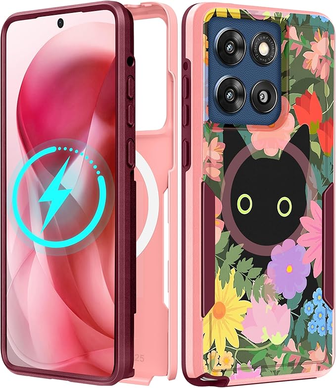 for Moto G Stylus 2025 Case - Compatible with MagSafe Women Cute Girls Magnetic Phone Cover Girly Cat Flower Floral Heavy Duty Shockproof Design for Motorola Moto G Stylus 5G 2025 Cases