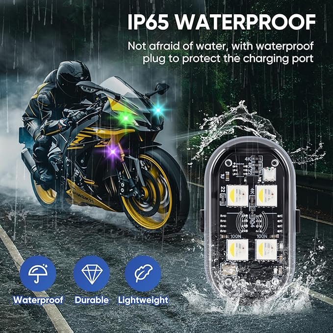 Upgraded 4LEDs 4PCS Wireless LED Strobe Lights with Remote Control, 8 Colors Type-C Rechargeable Led Lights Anti Collision Warning Light for Car Motorcycle Bike Drone Aircraft