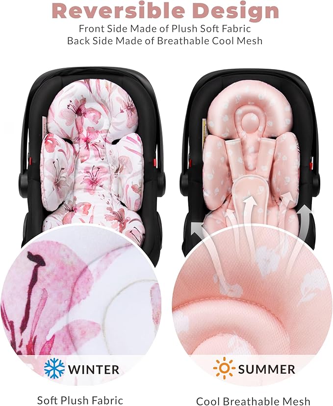 Newborn Car Seat Insert, Head and Body Support, Reversible Infant Insert Compatible with Baby Carseat, Stroller, Mamaroo Swing, Rocker, Bouncer. Baby Car Seat Cushion - Pink Floral
