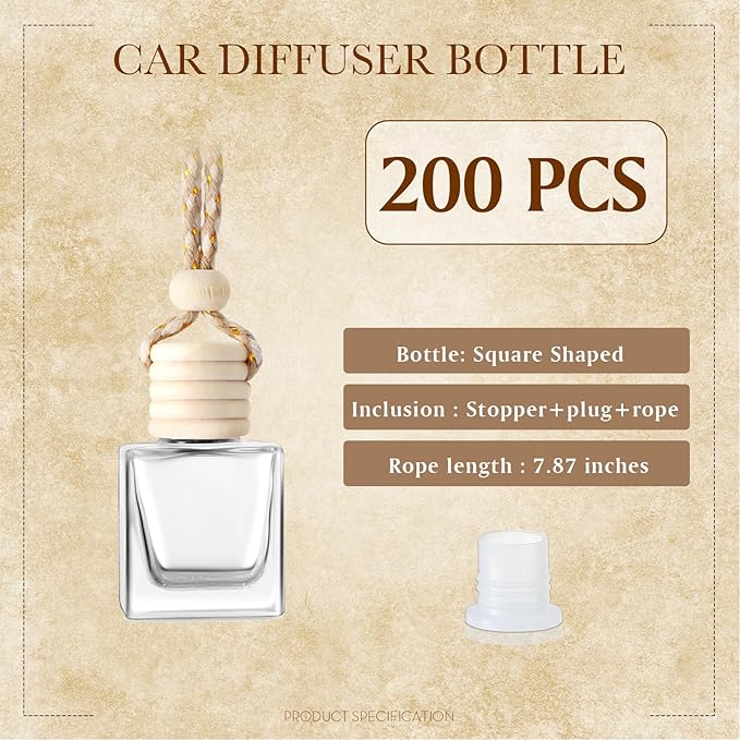 BBTO 200 Pcs Hanging Car Diffuser Bottles Bulk, Empty Clear Glass Air Freshener Bottles with Wooden Cap for Perfume Essential Oils Fragrance Aromatherapy Ornament(Cube)