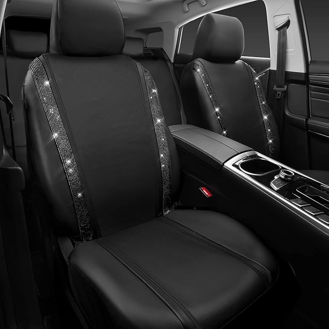 CAR PASS Leather Bling Diamond Car Seat Covers 2 Front Interior Sets, Waterproof Universal Shining Glitter Crystal Sparkle Fit for 95% Automotive Truck SUV Cute Women Girl, Black Rhinestone