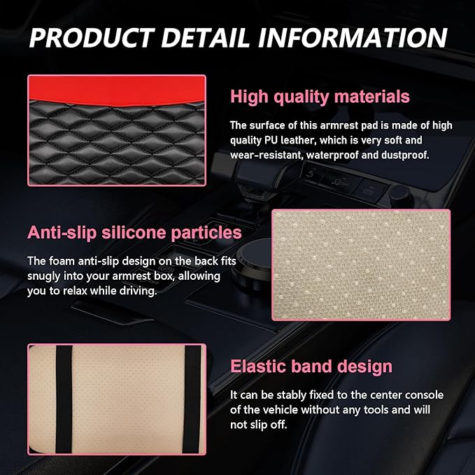 Car Center Console Cushion Pad, PU Leather Waterproof Auto Armrest Box Cover Protector, Comfortable Armrest Seat Box Cover Mat, Universal Car Accessories for SUV Truck (Red)