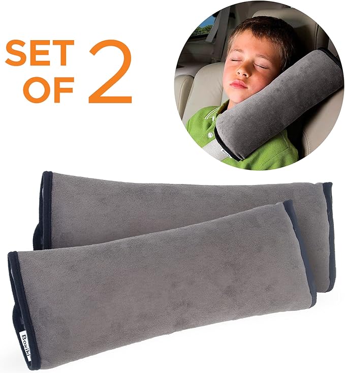 Boxiki Travel Car Seat Belt Pillows for Kids (Set of 2) Adjustable Vehicle Seat Belt Cushion for Children. Perfect for Road Trips